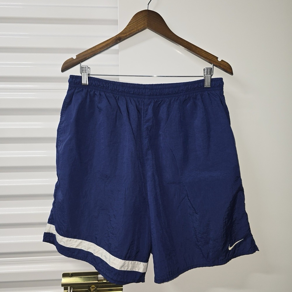 Vintage Y2K Nike Mens XL Navy Blue Nylon Lined Running Shorts Swoosh